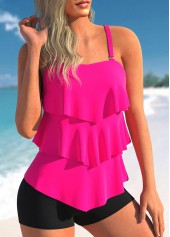Spaghetti Strap Layered Hem Rose Red Tankini Set