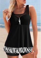 Zebra Print Mesh Stitching Black Tankini Top-No Bottom