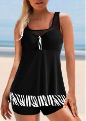 Zebra Print Mesh Stitching Black Tankini Top-No Bottom