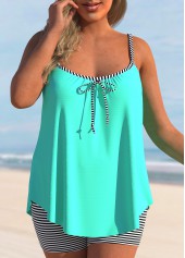 Cyan Striped Bowknot Spaghetti Strap Tankini Set