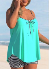 Cyan Striped Bowknot Spaghetti Strap Tankini Set