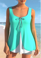 Cyan Striped Faux Two Piece Mesh Stitching Tankini Set