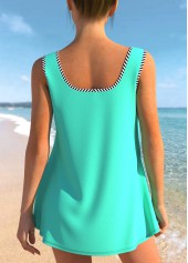 Cyan Striped Faux Two Piece Mesh Stitching Tankini Set