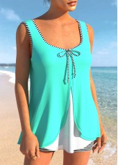Cyan Striped Faux Two Piece Mesh Stitching Tankini Set
