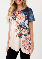 Asymmetric Hem Multi Color Floral Print T Shirt