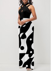 Color Block Cross Strap Polka Dot Jumpsuit