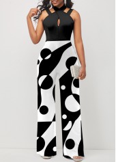 Color Block Cross Strap Polka Dot Jumpsuit