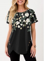 Floral Print Inclined Button Black T Shirt