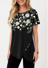 Floral Print Inclined Button Black T Shirt