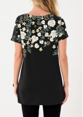 Floral Print Inclined Button Black T Shirt
