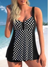 Polka Dot Wide Strap Black Swimdress Set