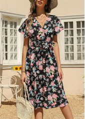 Black Belted Floral Print Cross Front Dress