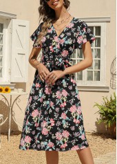 Black Belted Floral Print Cross Front Dress