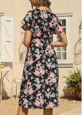 Black Belted Floral Print Cross Front Dress