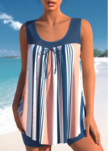 Denim Blue Bowknot Striped Mesh Stitching Tankini Set