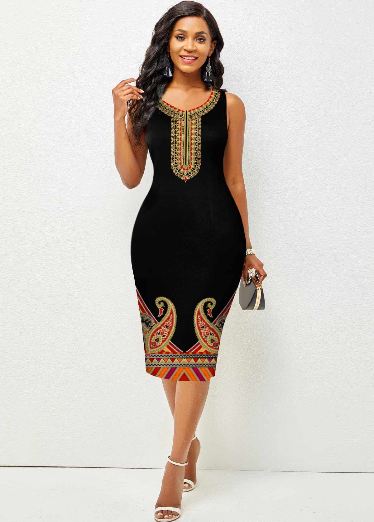 Black Tribal Print Sleeveless Bodycon Dress