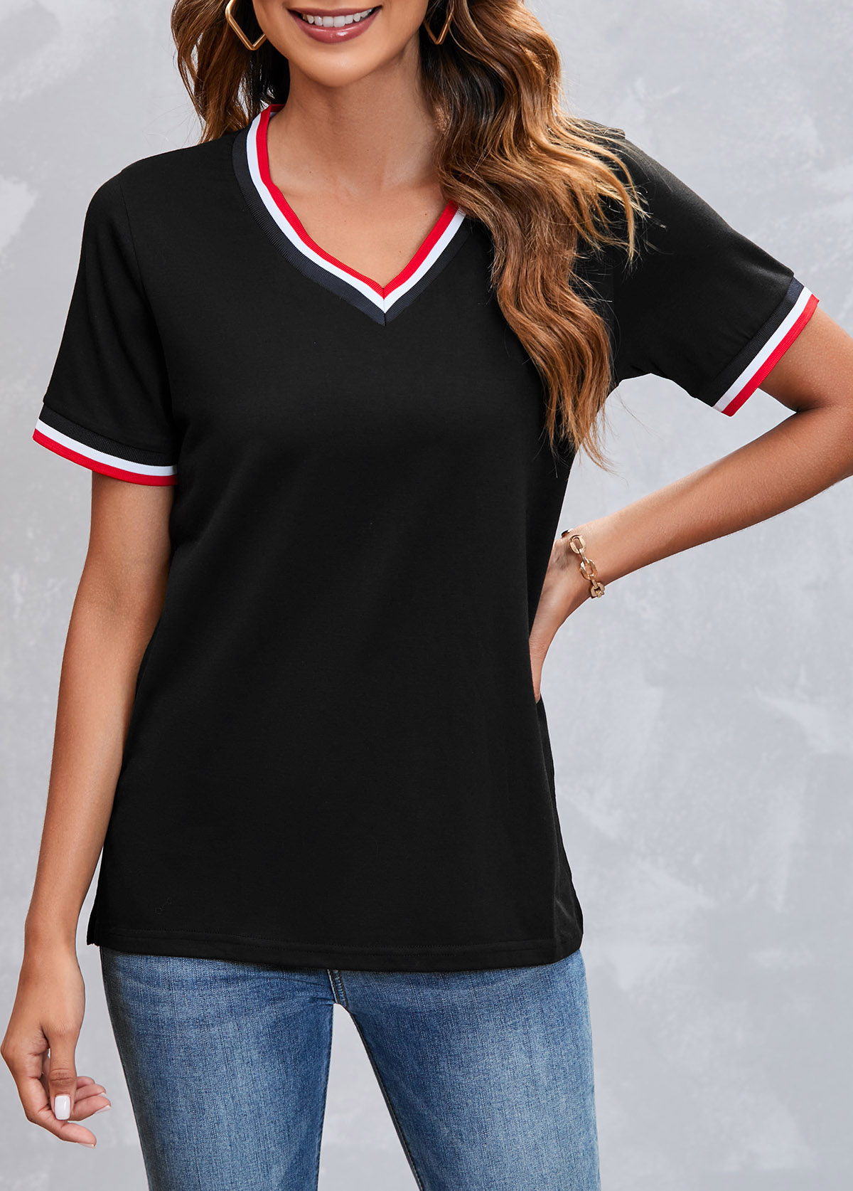 Striped V Neck Black Short Sleeve T Shirt