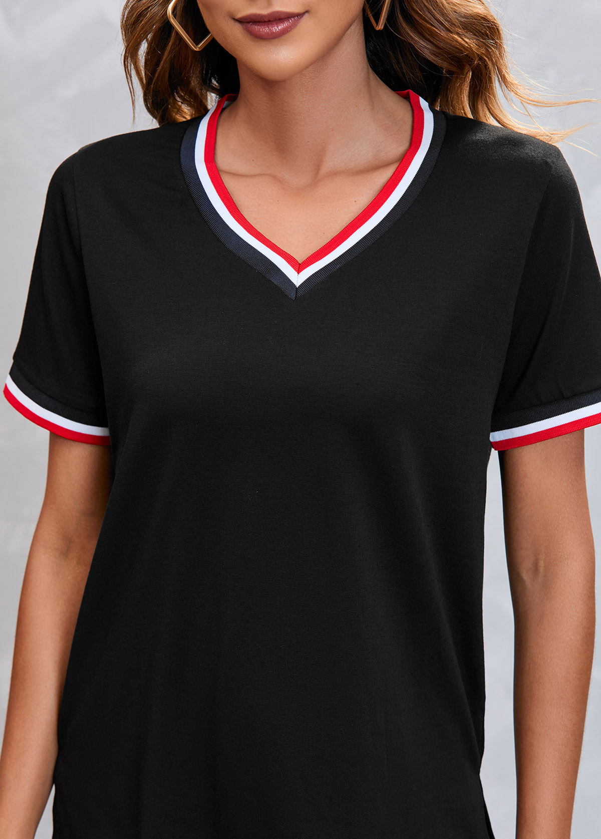 Striped V Neck Black Short Sleeve T Shirt