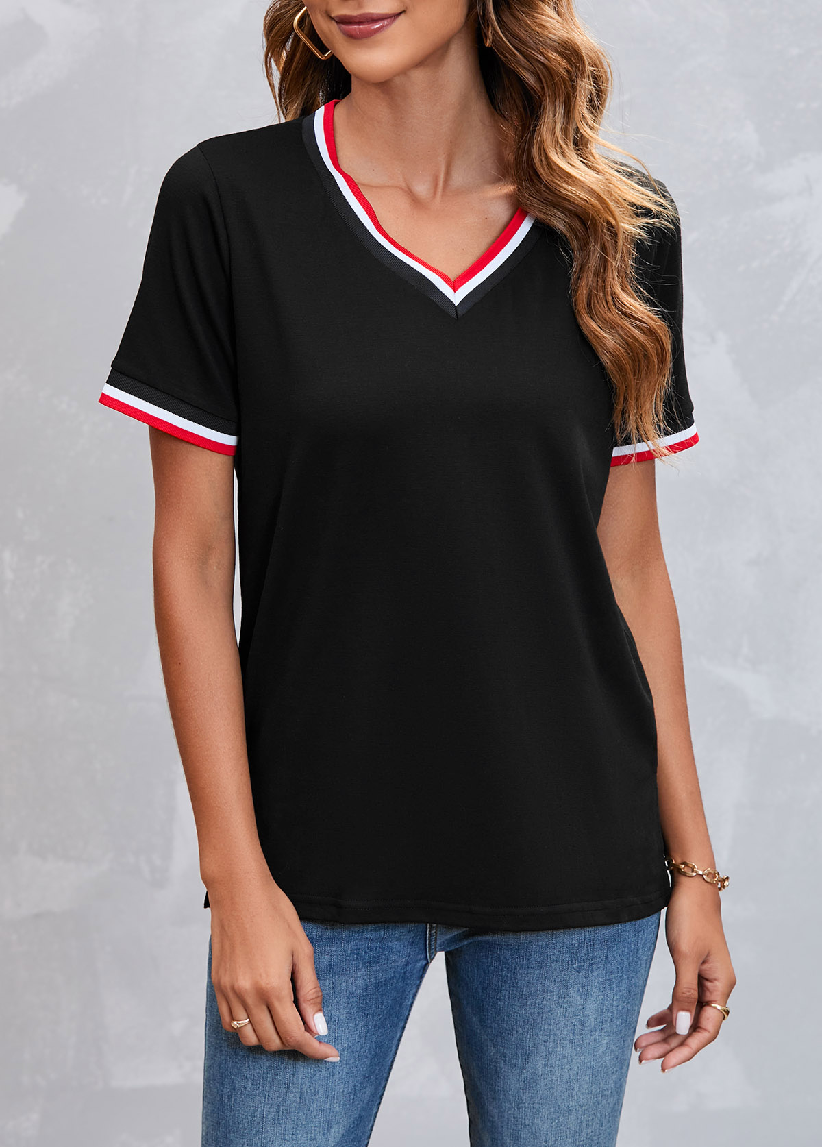 Striped V Neck Black Short Sleeve T Shirt