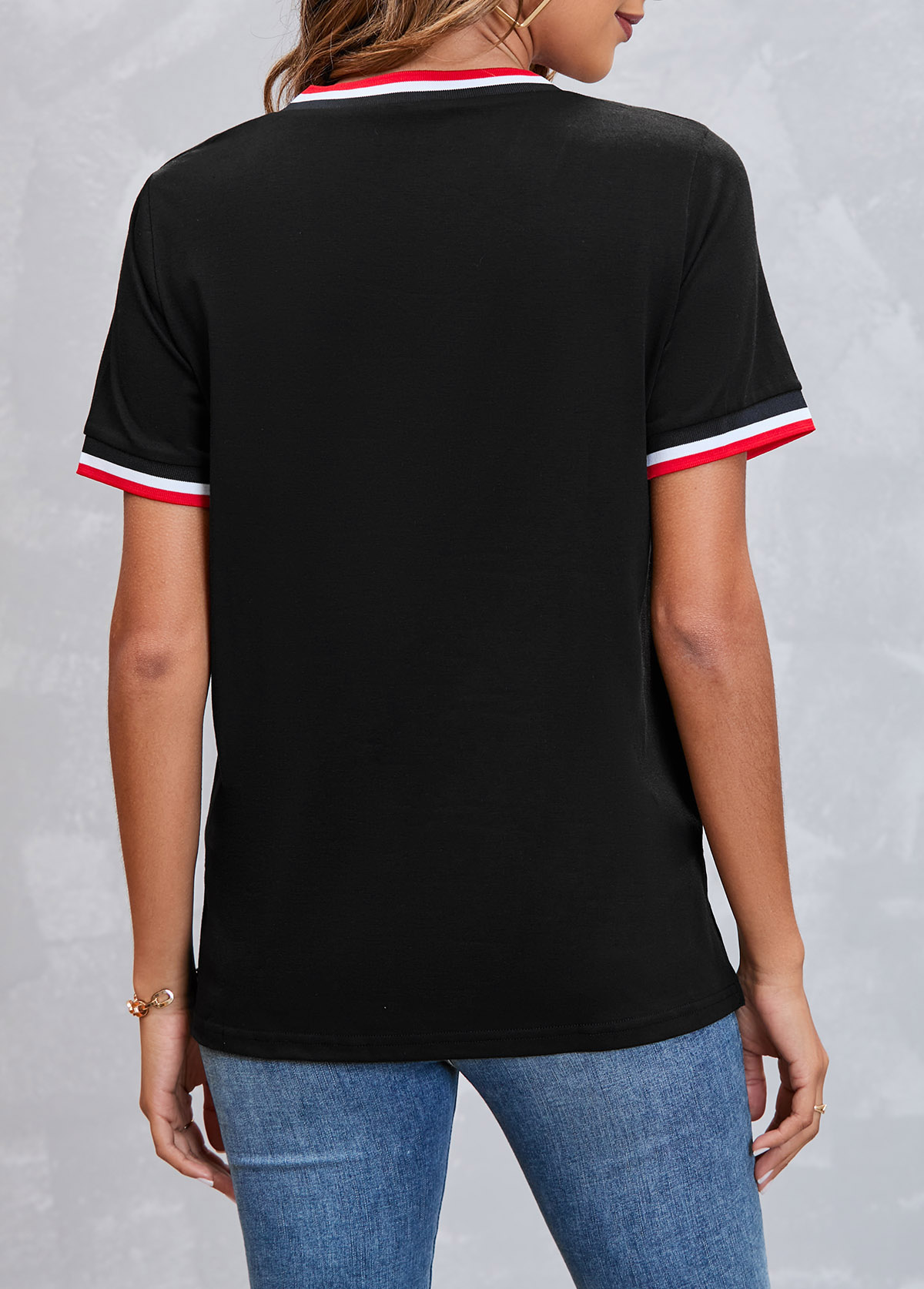 Striped V Neck Black Short Sleeve T Shirt