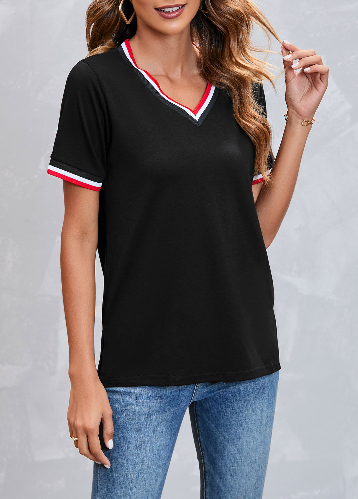Striped V Neck Black Short Sleeve T Shirt