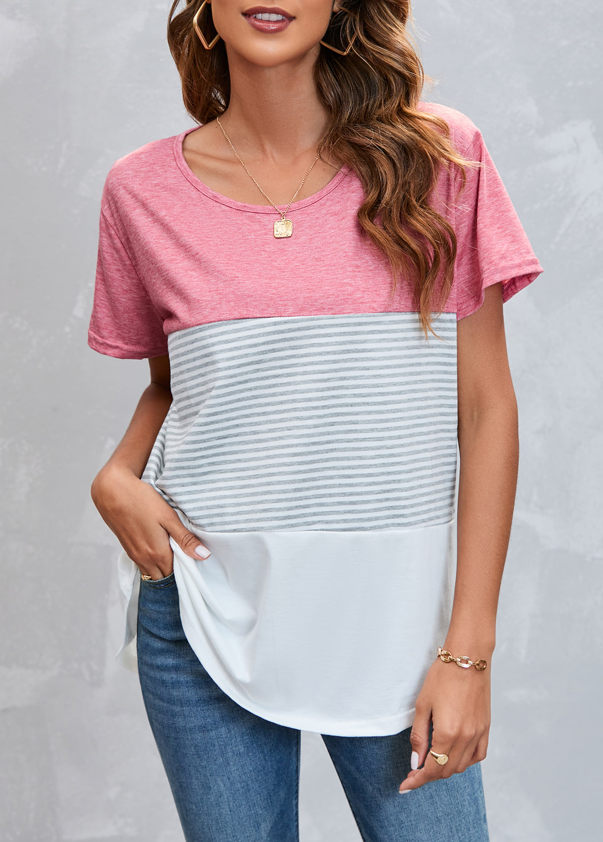 Pink Round Neck Striped T Shirt