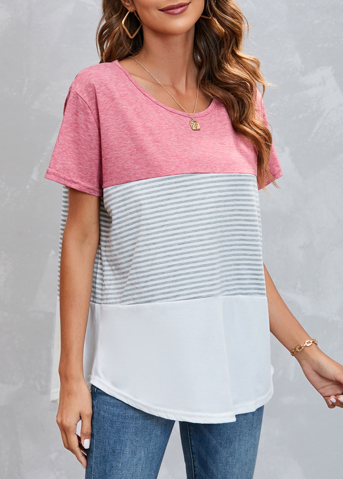 Pink Round Neck Striped T Shirt