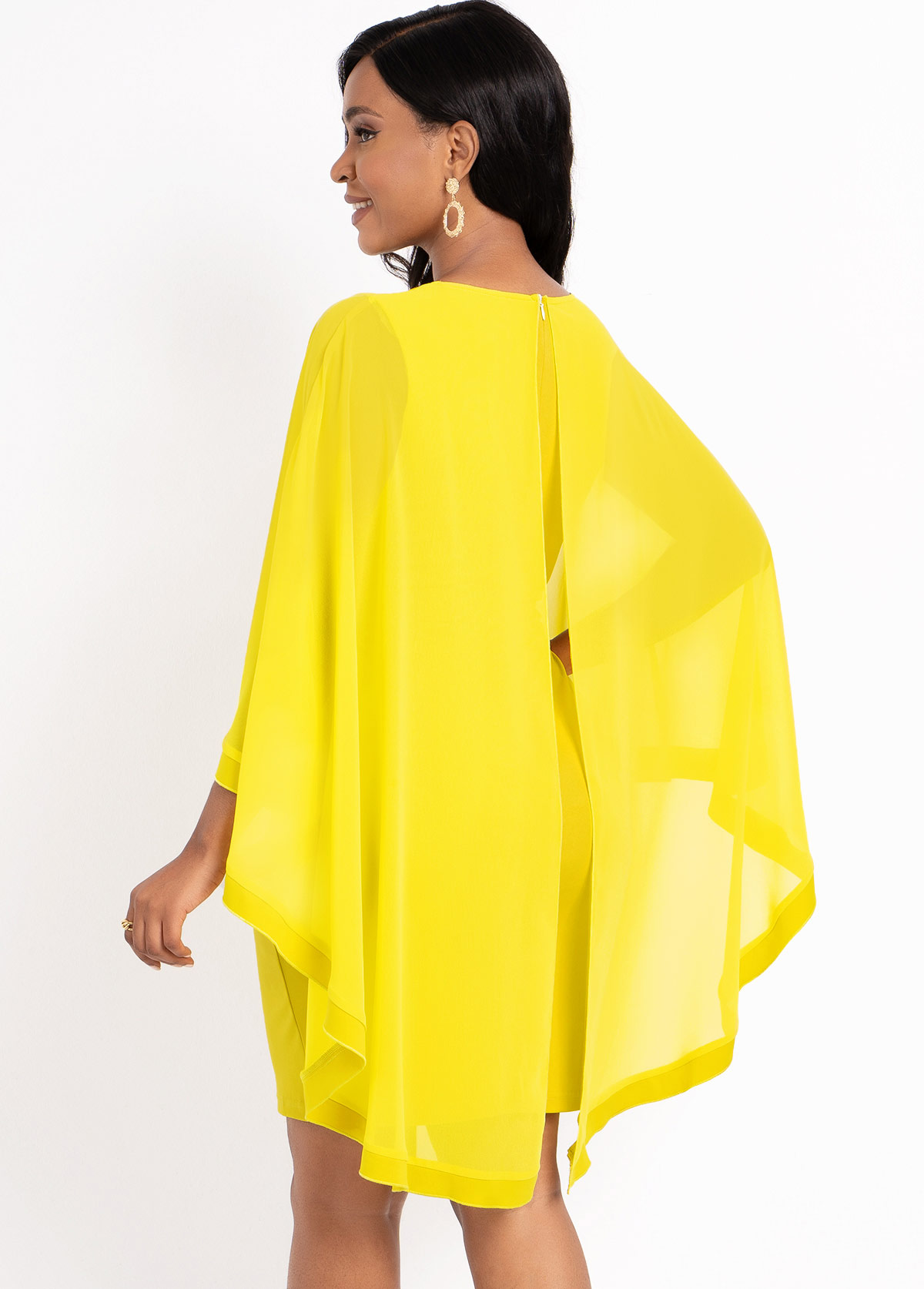Decorative Button Mesh Stitching Yellow Cape Sleeve Dress
