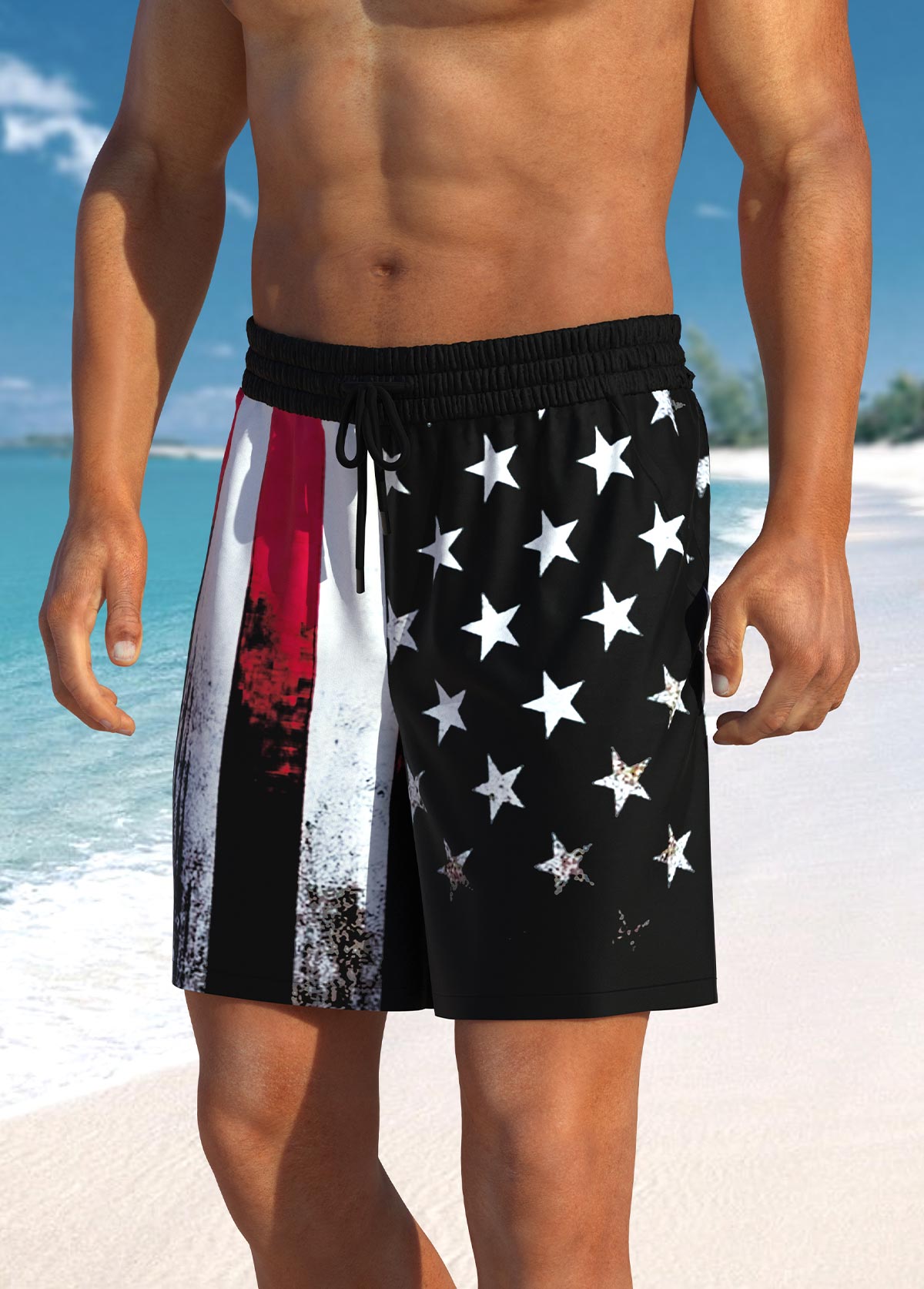 American Flag Print Drawstring Waist Swim Trunks for Men