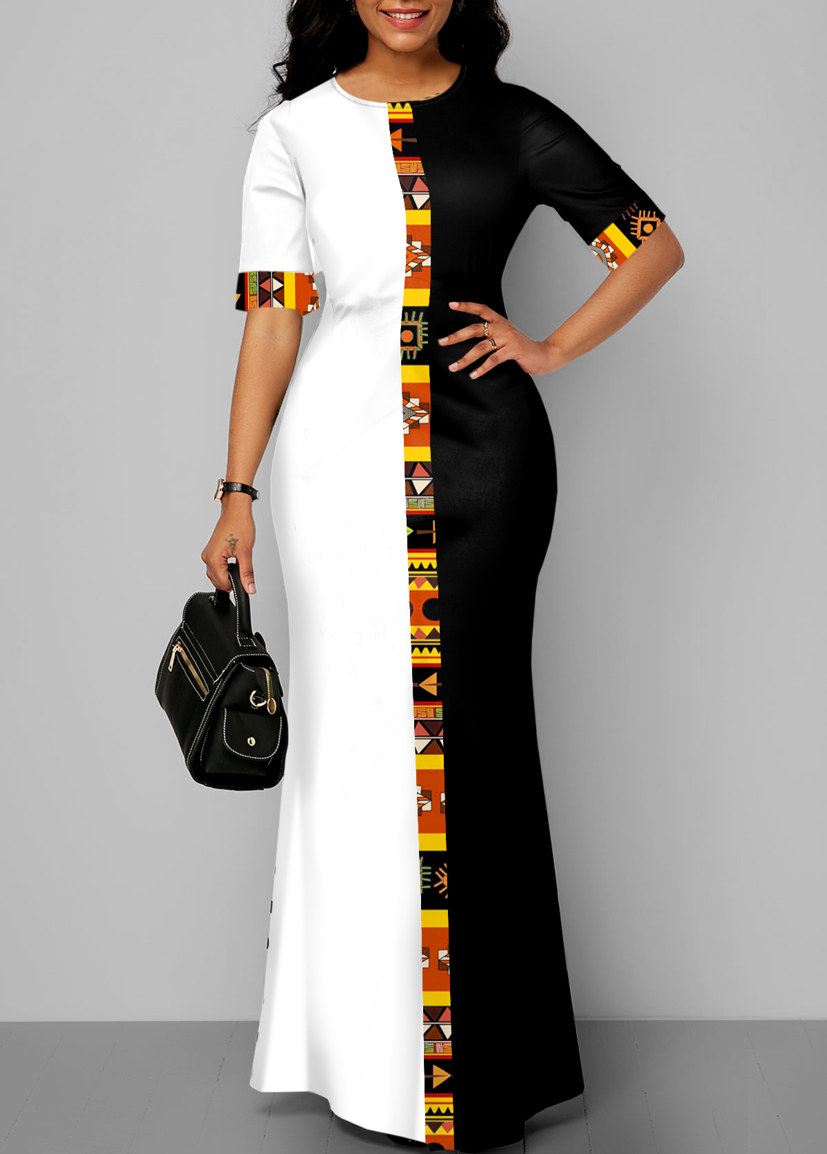Pocket Tribal Print Color Block Maxi Dress