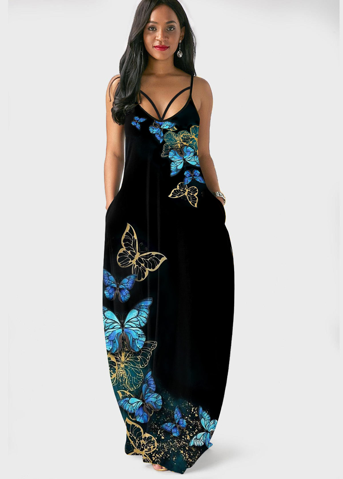 Black Butterfly Print Spaghetti Strap Dress