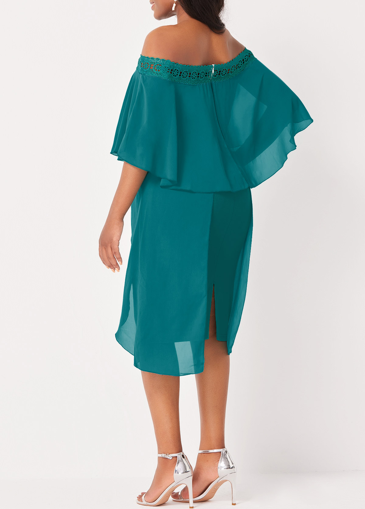 Off Shoulder Lace Stitching Flounce Turquoise Dress