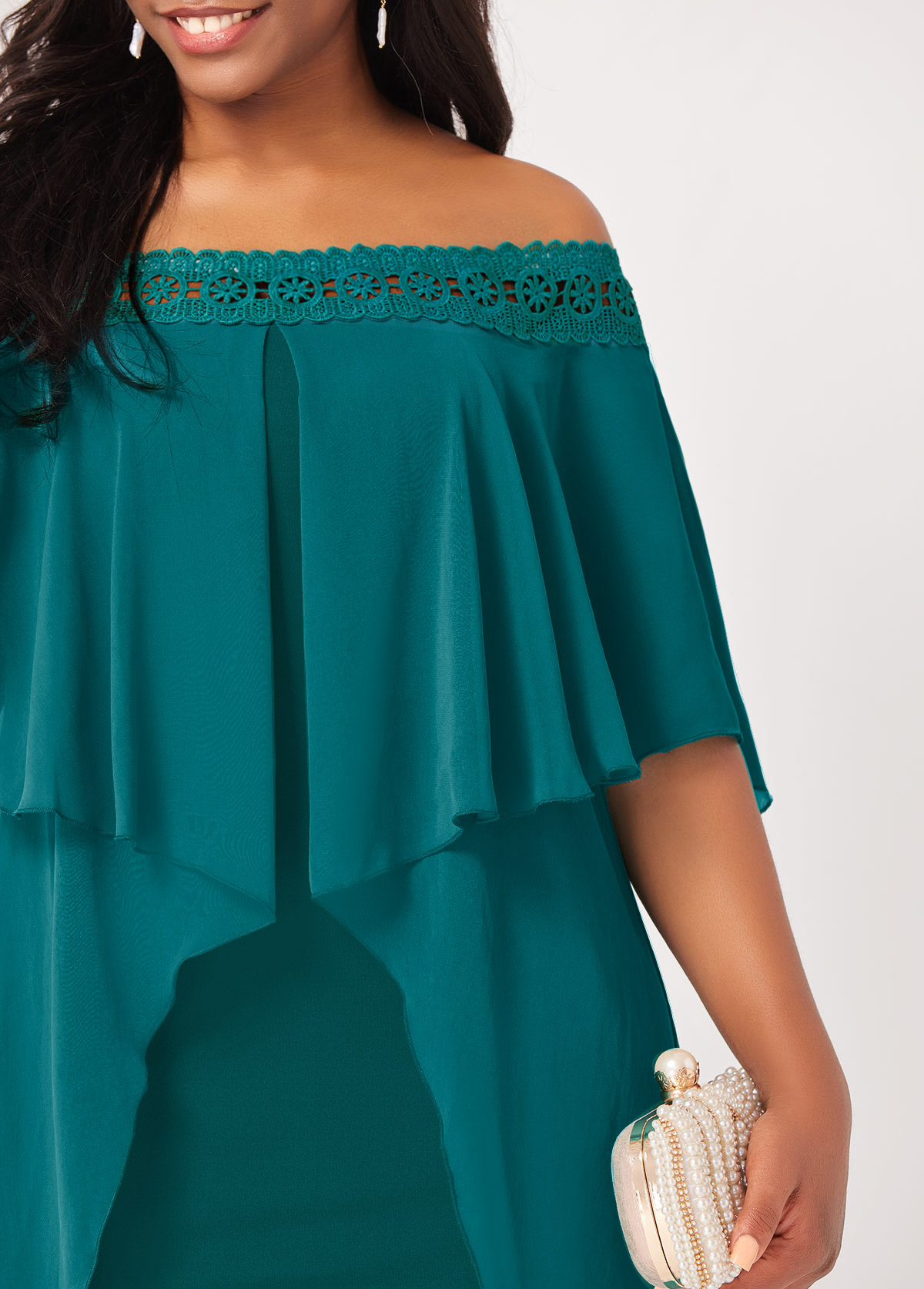 Off Shoulder Lace Stitching Flounce Turquoise Dress