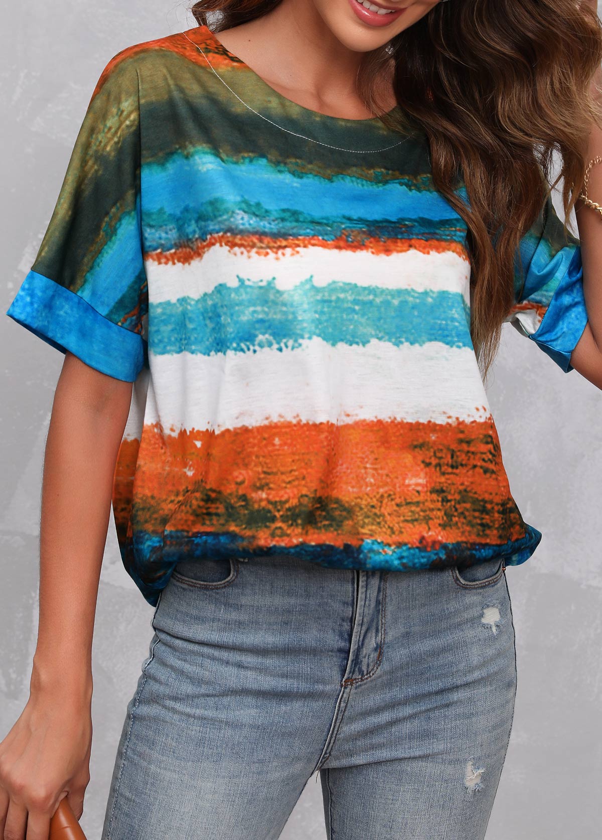Stripe Print Multi Color Round Neck T Shirt
