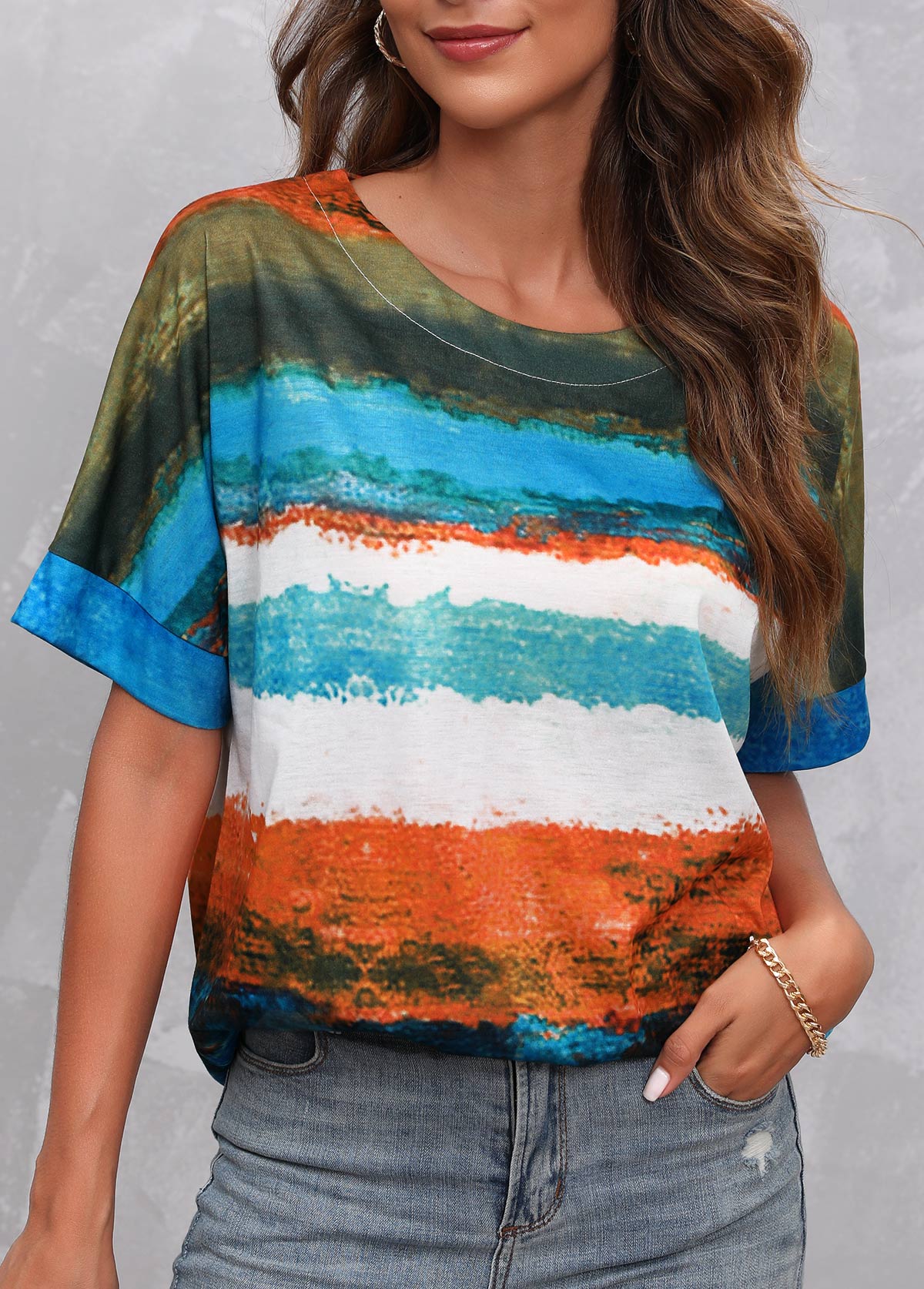 Stripe Print Multi Color Round Neck T Shirt