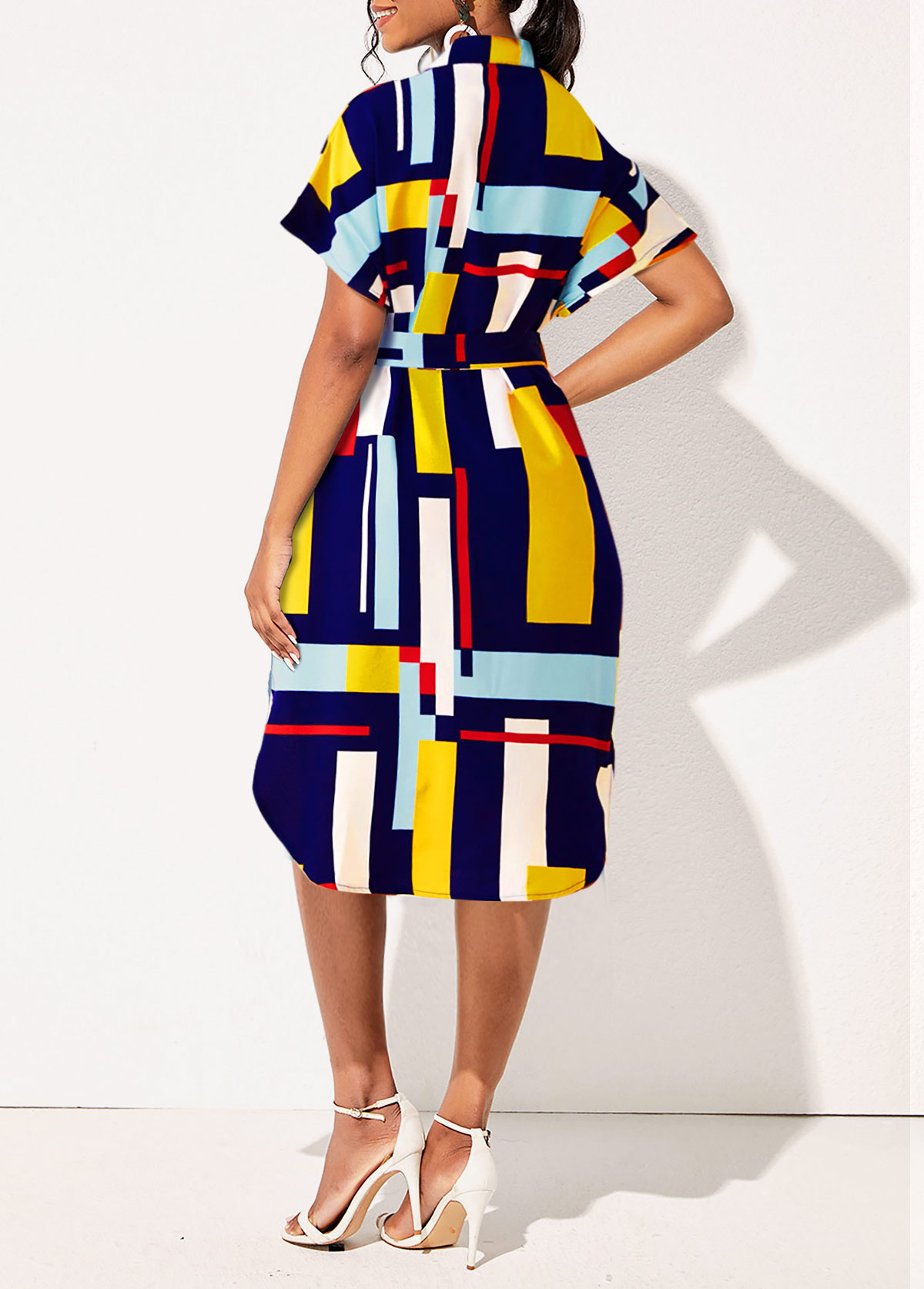 Belted Turndown Collar Geometric Print Dress