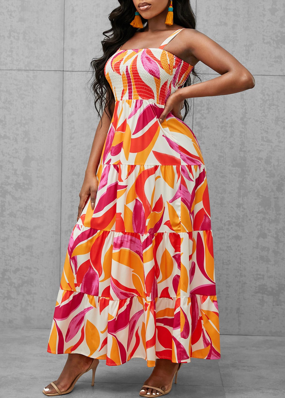 Multi Color Leaf Print Smocked Dress