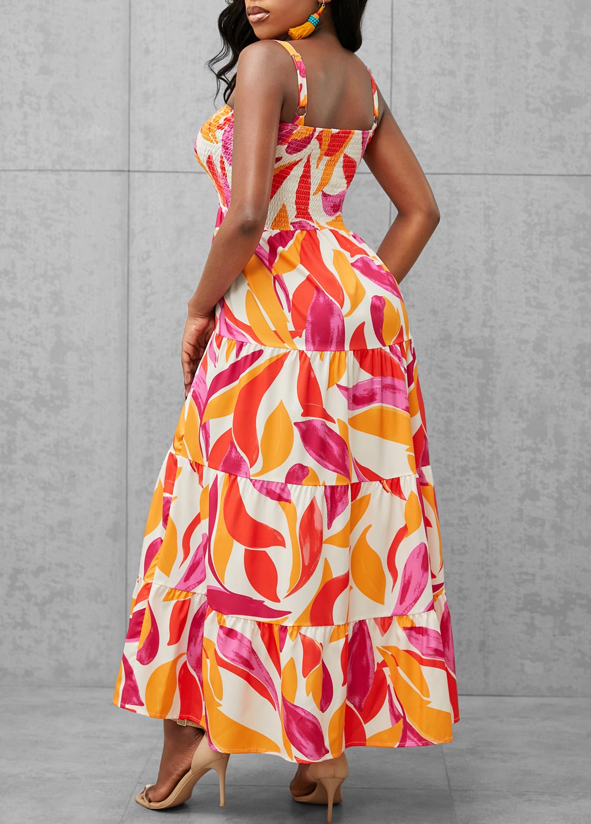 Multi Color Leaf Print Smocked Dress