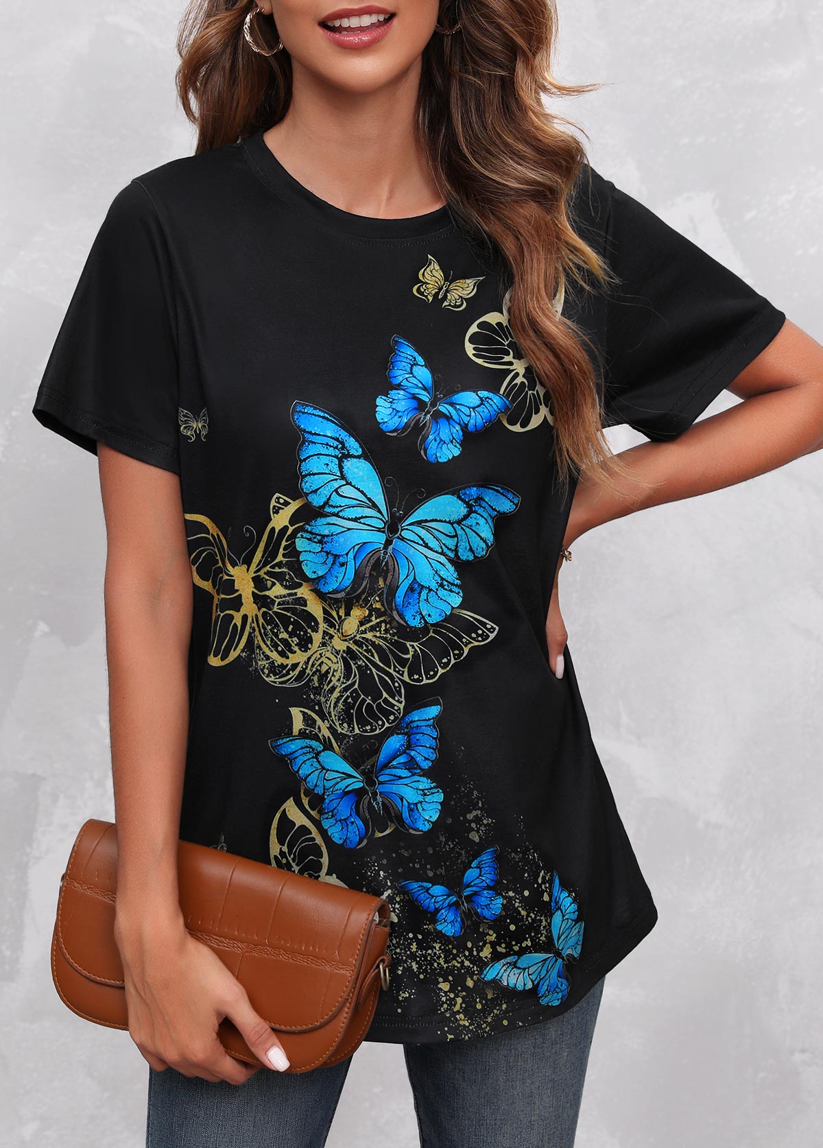 Round Neck Black Butterfly Print T Shirt