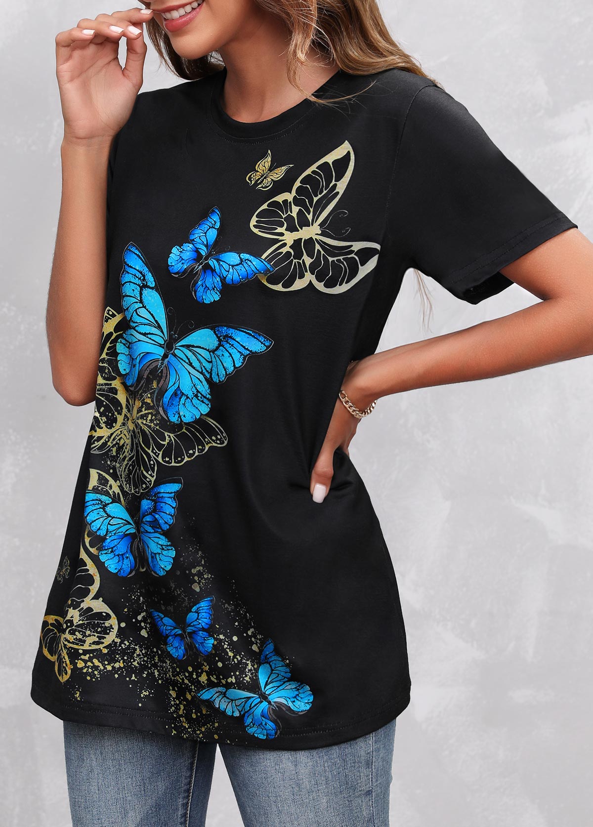 Round Neck Black Butterfly Print T Shirt
