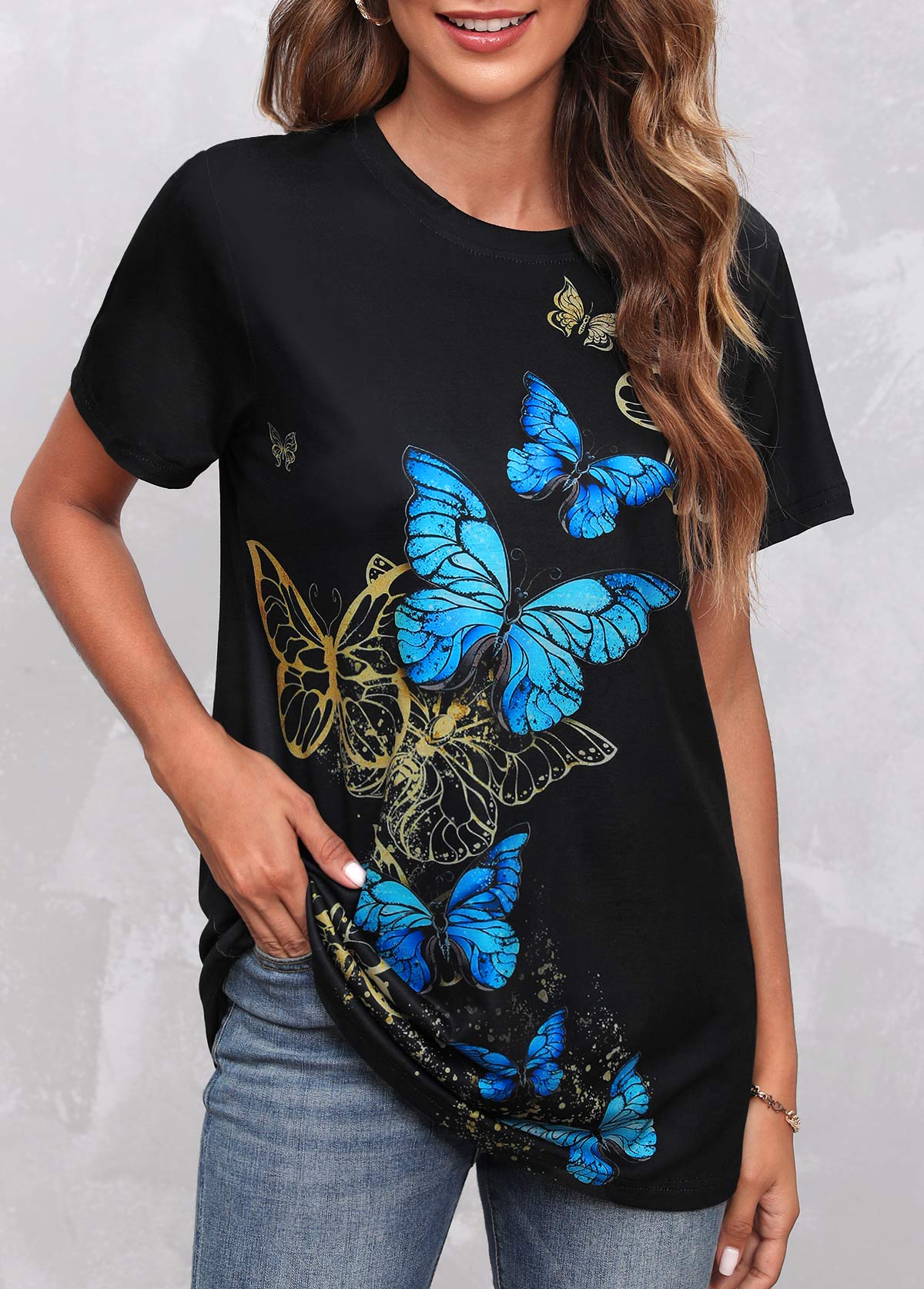 Round Neck Black Butterfly Print T Shirt