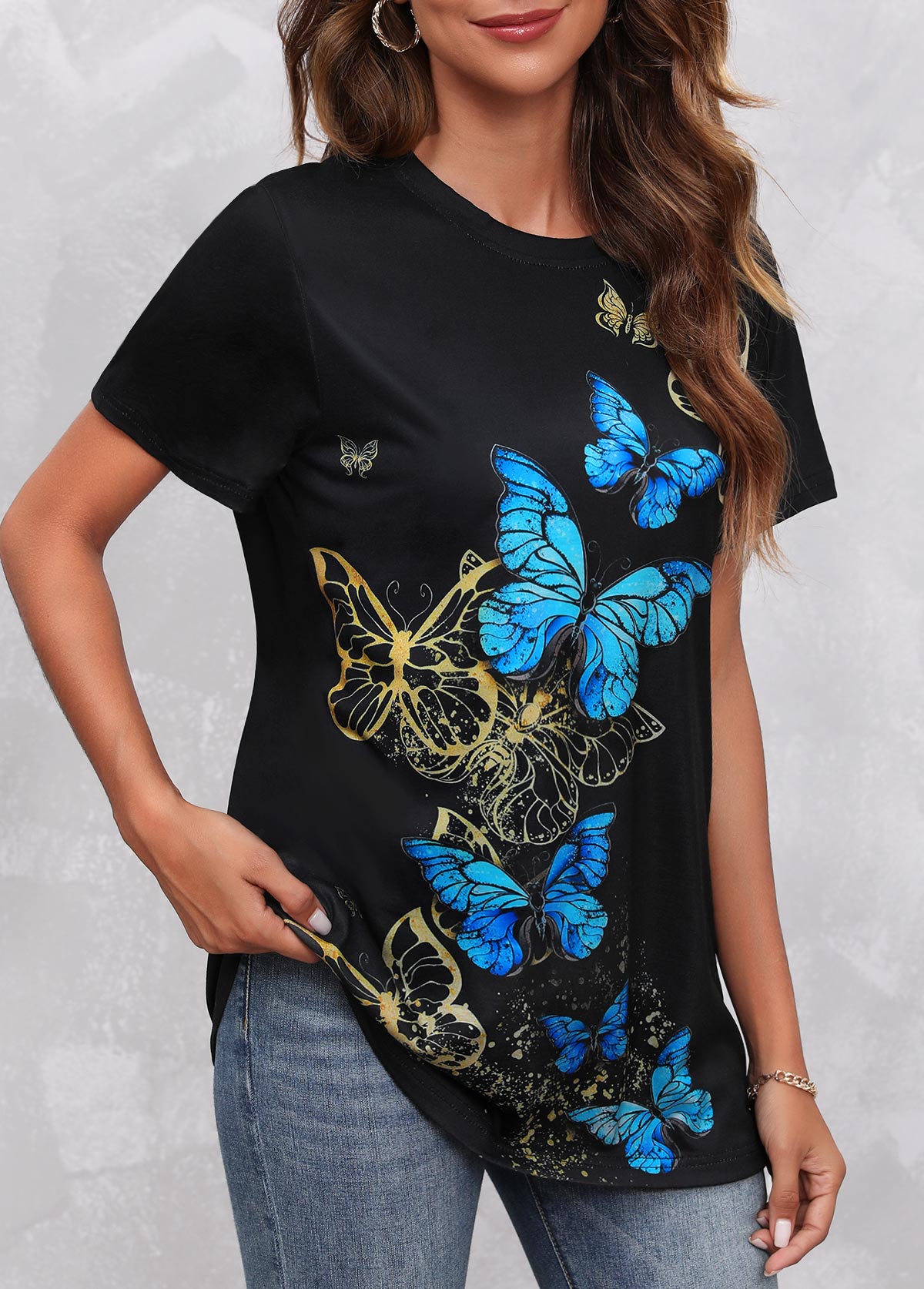 Round Neck Black Butterfly Print T Shirt