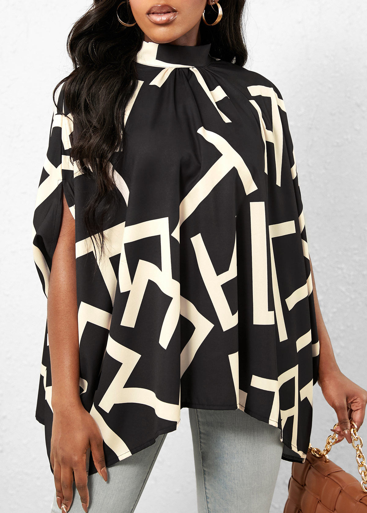 Black Geometric Print Mock Neck T Shirt