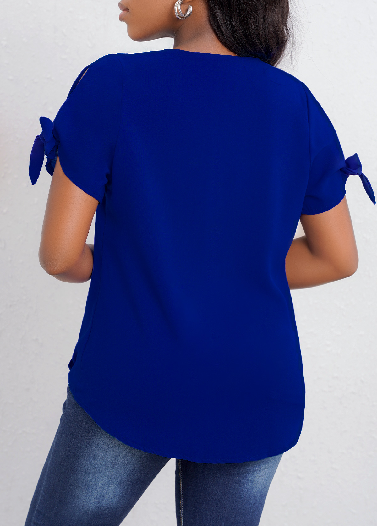 Bowknot Detail Royal Blue V Neck T Shirt