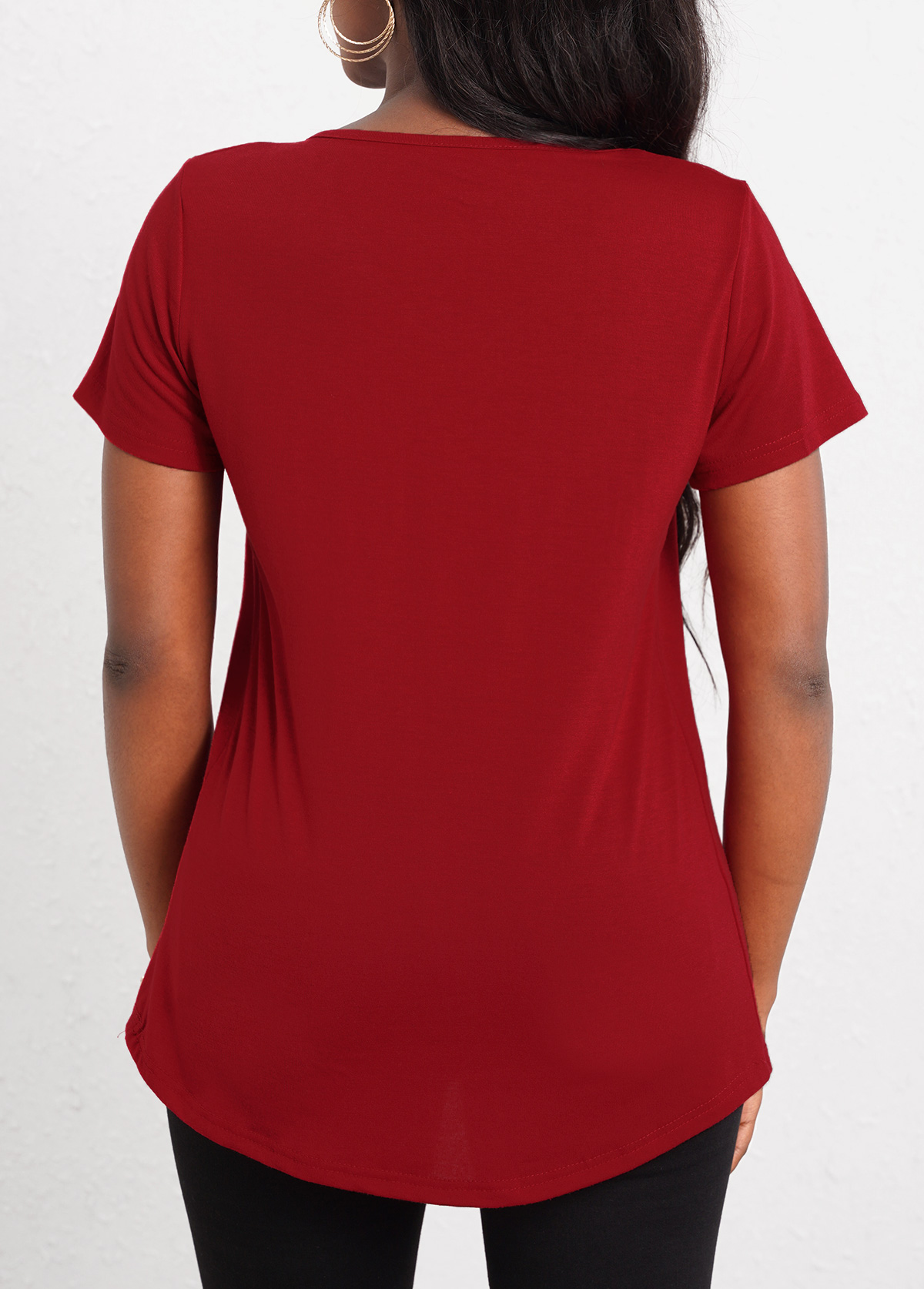 Short Sleeve Wine Red V Neck T Shirt
