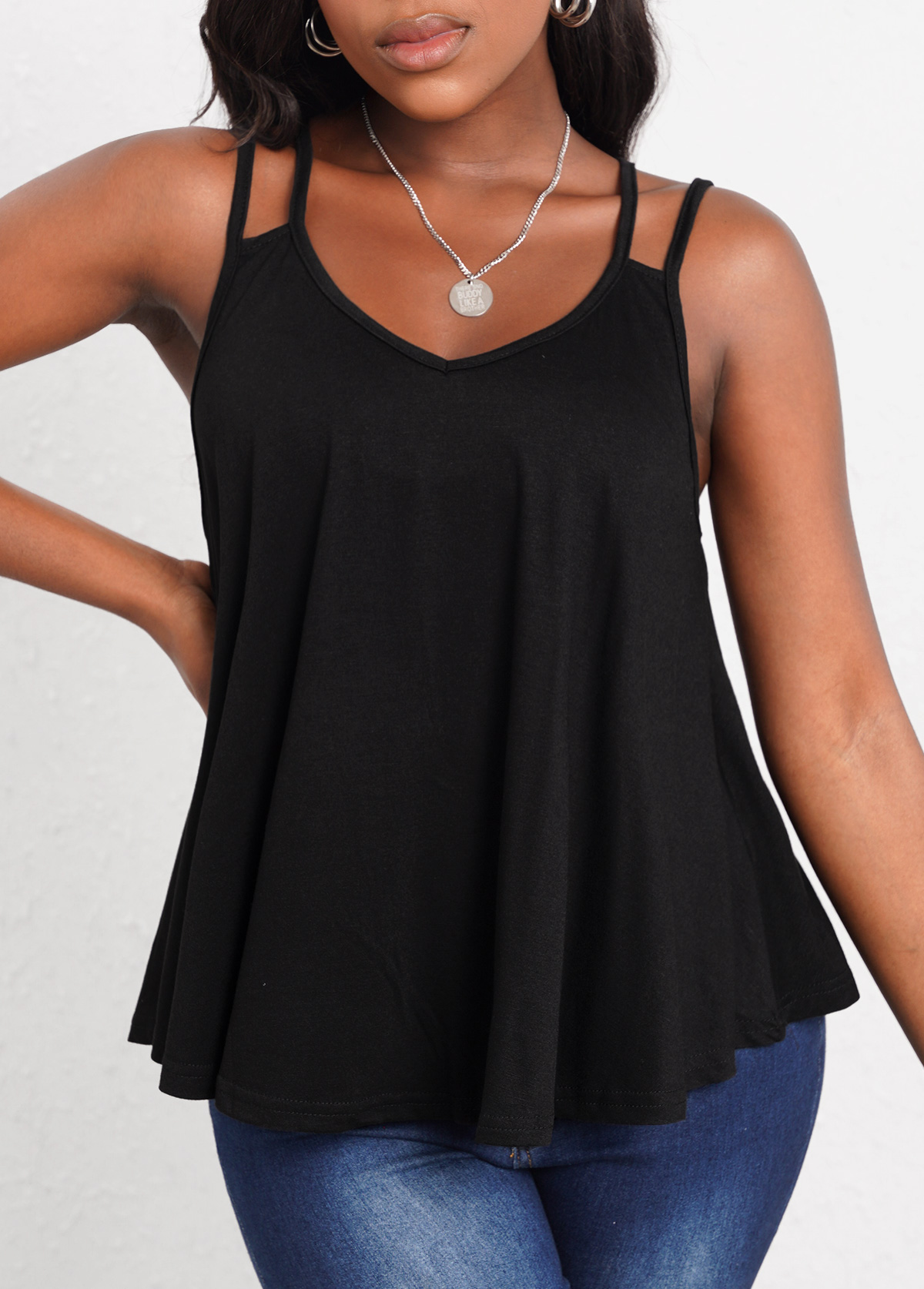 Double Straps Curved Hem Black Camisole Top