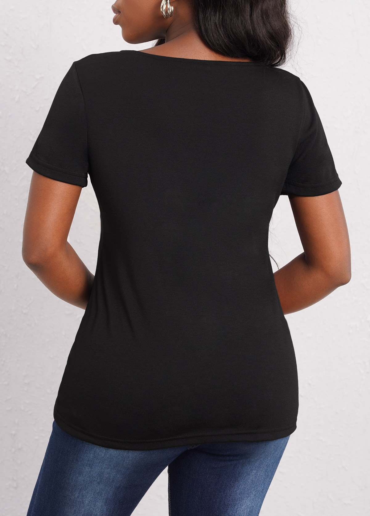 Short Sleeve Black Asymmetrical Neck T Shirt