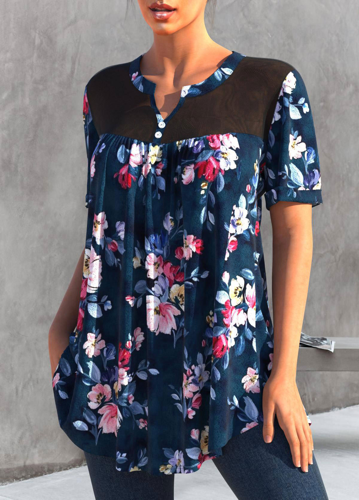 Floral Print Split Neck Navy Blue T Shirt