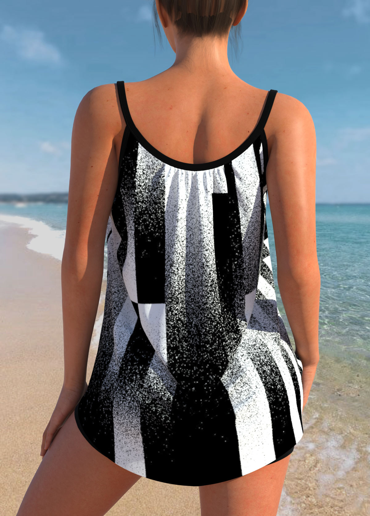 Black Contrast Geometric Print Bowknot Tankini Top-No Bottom