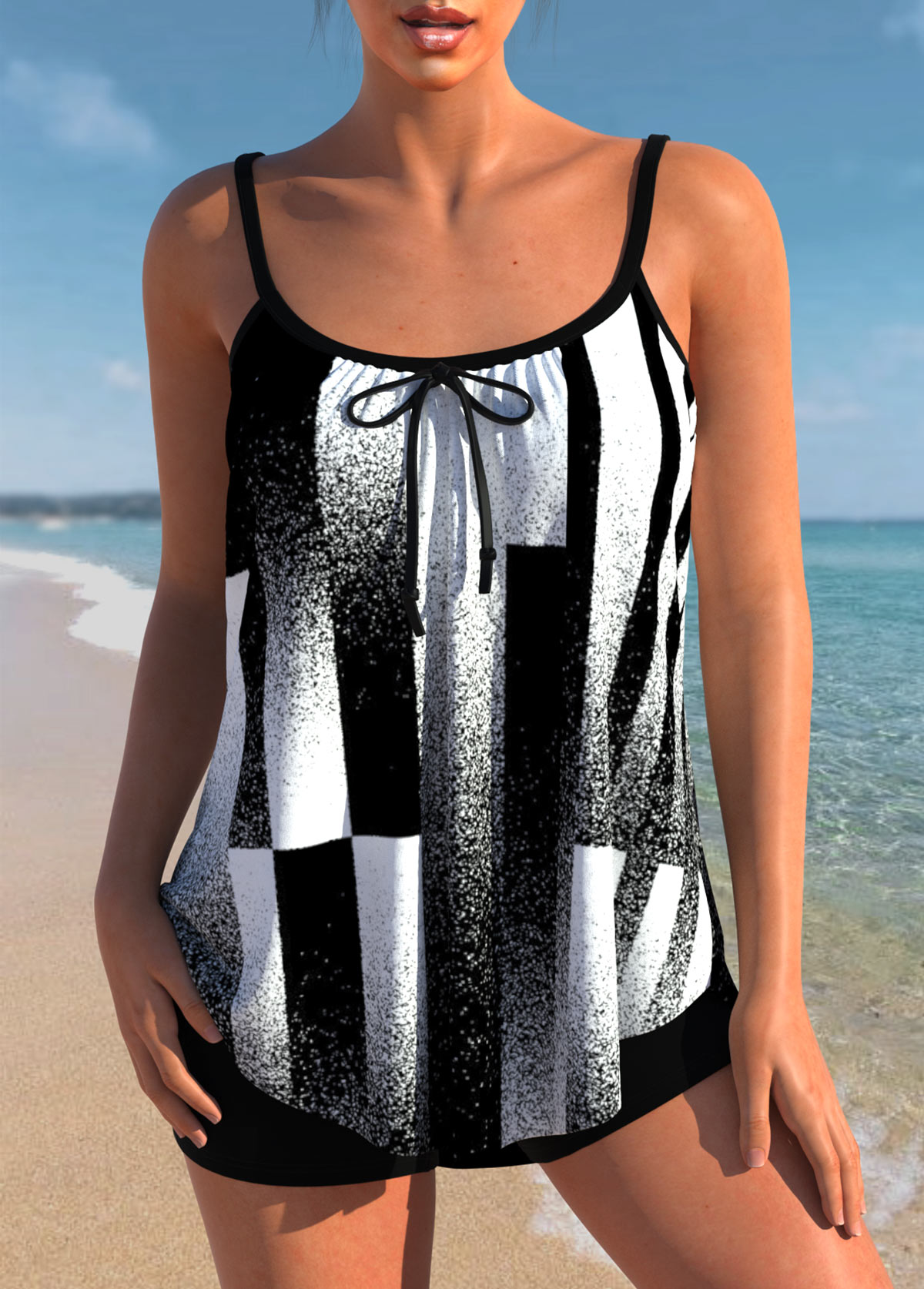 Black Contrast Geometric Print Bowknot Tankini Top-No Bottom
